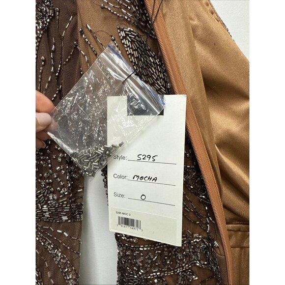 MAC DUGGAL Size 0 Brown 5295 BEADED LONG SLEEVE MIDI COCKTAIL Party DRESS  New - Picture 11 of 11